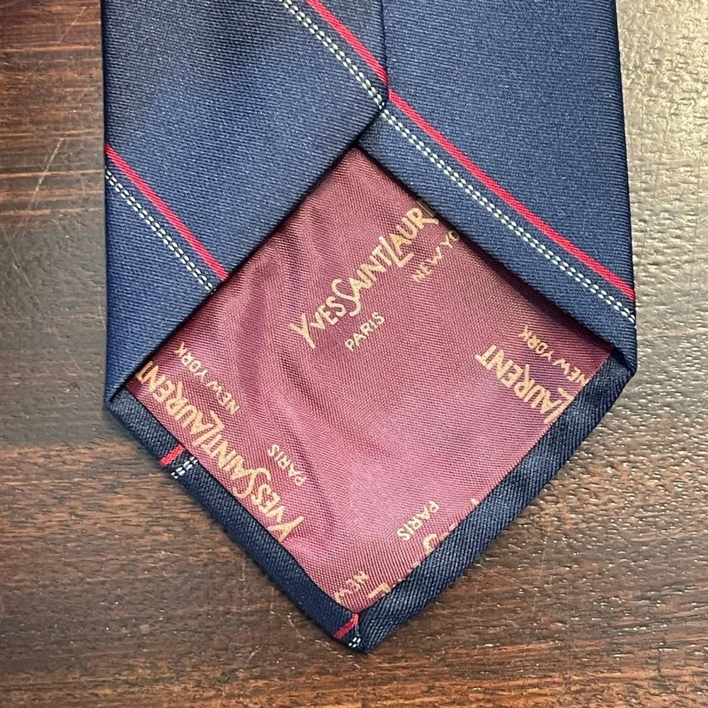 Yves Saint Laurent Navy Blue Red Striped Silk Tie YSL Monogram Logo